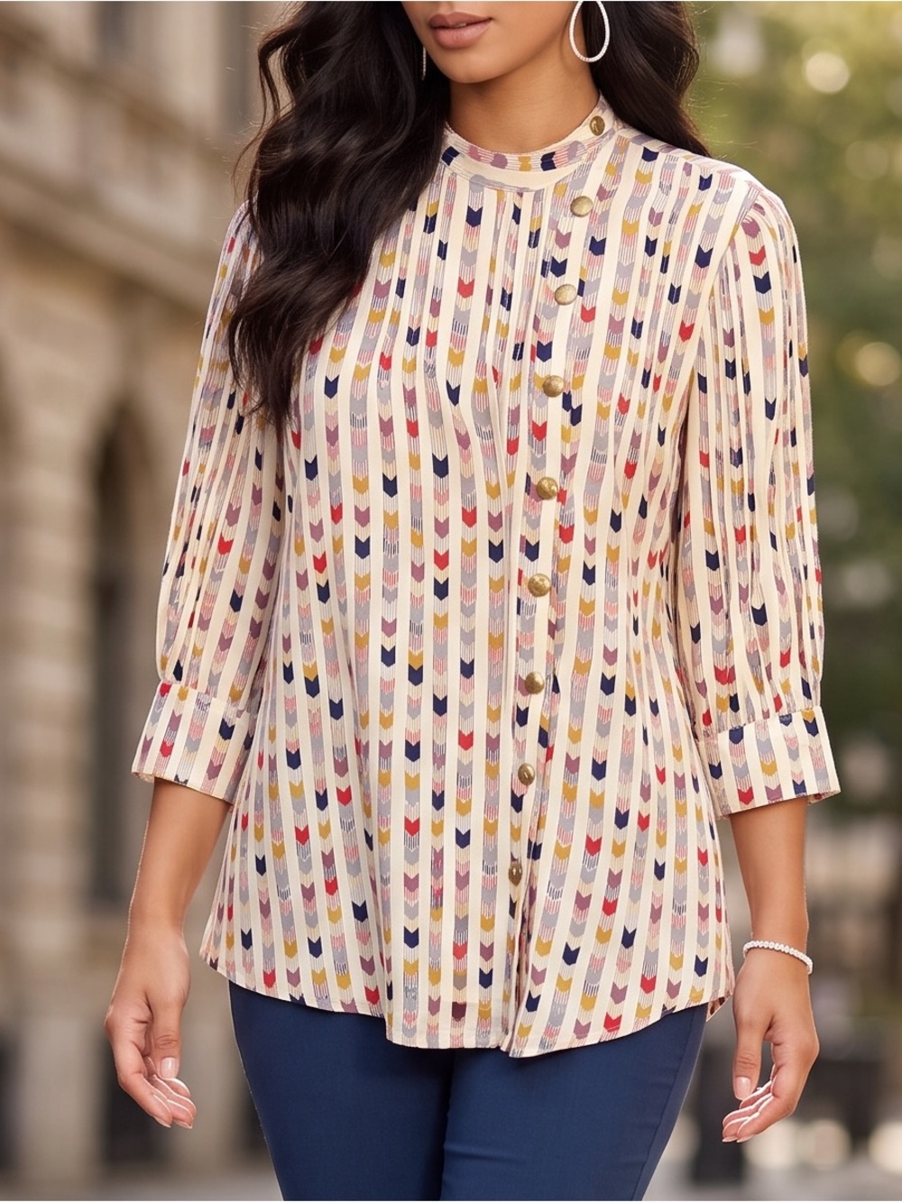 Vintage Lauren Moffatt 100% Silk Cream Chevron-Print Shirt